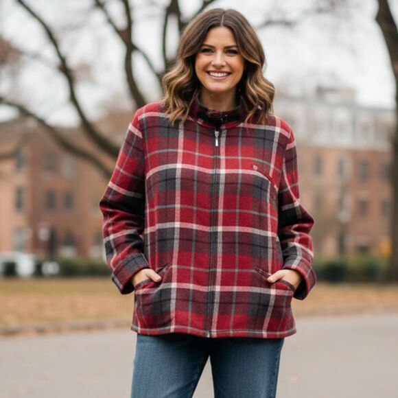 Vintage Jackets & Blazers - Vintage Wool Plaid Shacket Evan Picone Red Zip Up Sweater Jacket Womens 18W